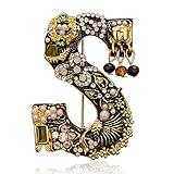 RINHOO Crystal Pearl Initial Brooch Gold Plated Enamel Colorful Letter Alphabet Breastpin Pin Jewelry for GIFTS (Letter -S)