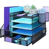 TSDRBWO Desk Organiser File Holder With 2 Pen Holder, 5 Tier Paper Letter Tray Organiser with Drawer,Mesh Desktop Storage with Magazine Holder for Office Supplies, Purple