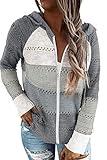 FEKOAFE Women's Fall Sweaters,V Neck Long Sleeve Zipper Hoodie Soft Breathable Hollow Pullover Jumper Sweatshirt Tops Size S