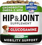 STRELLALAB Hip & Joint Glucosamine Supplement Treats for Dogs - Chondroitin, Omega-3, MSM - Advanced Joint Health Support Chews for Large Breed - Pain Relief - Bacon Flavor - 120 Ct - Made in USA