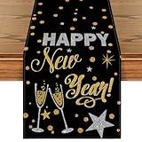 Artoid Mode Cheers Black and Gold 2025 Happy New Year Table Runner, Xmas Winter Holiday Kitchen Dining Table Decoration for Indoor Outdoor Home Party Decor 13 x 72 Inch