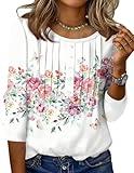 Zeagoo Womens Blouses Women's Petite Tops T-shirt For Women Leaves Print 3/4 Length Sleeve Casual Crew Neck Tops Cute Loose Fit Tunic Blouse White