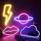 4 Pcs LEDs Decorative Neon Night Signs, Hanging Lighted Up Neon Sign for Bedroom Room Decor Neon Lights Leds Cloud Signs Light Sign for Home Decor Pink/Blue Planet