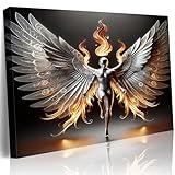 3D Metal Angel Wall Art Mural Futurism Poster Cybernetics Wing Warriors Canvas Printed Images Science Fiction Robot Artwork with Wings of Fire Modern Fantasy Gallery Decoration, Living Room Bedroom Office Manhole 16x24 inches