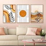 Geometric Sun Desert Plant Wall Art 16"x24" Set Of 3 Boho Wooden Framed Abstract Minimalist Sign Living Room Aesthetics Botanical Nature Illustrations Bedroom Office Wall Hanging Decor (Wood)