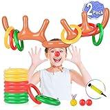 2 Set Inflatable Reindeer Antler Game (2 Reindeer Antler Hat with 12 Ring Toss, 2 Red Reindeer Nose, 1 Medal and 1 Hand-held Pump) Great Family Christmas Party Games