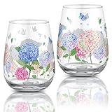 Singhoow 2pcs Floral Stemless Wine Glasses 17oz Hydrangea Drinking Cups Glasses Spring Summer Floral Butterfly Tumbler Cups for Women Men Party Supplies Gifts Kitchen Decorations Gifts
