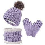 Kids Winter Hat Gloves Scarf Set Girls Boys Beanie Children Knit Neck Warmer Warm Fleece Pom Cap Purple 6-10 Years Old Cold Weather Sets Gifts for Childrens Niñas Niños Gorros Bufandas