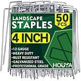 HOUYA 50 Pack Landscape Staples 4 Inch 12 Gauge Garden Stakes Galvanized Garden Staples Pins Anti-Rust Ground Stakes for Weed Barrier, Irrigation Tubing, Yard Lawn, Landscape Fabric