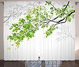 Ambesonne Nature Curtains, Twiggy Spring Tree Branch with Refreshing Leaves Summer Peaceful Woodland Graphic, Living Room Bedroom Window Drapes 2 Panel Set, 108" X 84", Green Grey
