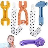 Fu Store 4 Pack Soft Silicone Teething Toys for 0-12 Months 6-24 Months Toddlers Infant Hammer Spanner Wrench Pliers Tools Shape Baby Teethers Relief Soothe Babies Gums Set