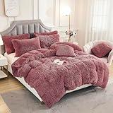 JAUXIO Luxury Long Faux Fur Bedding Set Shaggy Comforter Duvet Cover with Pillow Sham Ultra Soft Home Decoration (Dusty Rose, King)