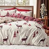 Bedsure King Size Christmas Duvet Cover Set - Festive Bedding Collection Featuring a Reversible Red Plaid Buffalo Check Design, Includes 1 Duvet Cover and 2 Pillow Shams (King, Reindeer)