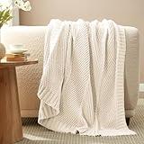 Amélie Home Chenille Knit Throw Blanket for Couch, Chevron Texture Decorative Soft Blanket for Sofa, Bed & Chair, 50"x60", Ivory