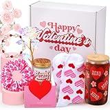 Shyyween 8 Pcs Valentine‘s Day Gifts Set Includes 17oz Coffee Glass with Lid Straw Socks Gold Foil Rose Flower Crystal Bracelet Scented Candle Hair Band Card Gift Box for Lover Girlfriend Wife
