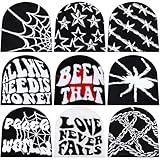 Ramede 9 Pcs Y2k Beanies, Gothic Spider Web Graphic Beanies Double Sided Winter Outdoor Warm Knitted Hats Bulk for Men Women