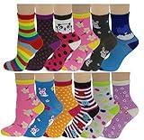 Ayla 12 Pairs Pack Kids Girls Colorful Creative Fun Novelty Design Crew Socks (6-8, Assorted Design)