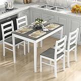 Tangkula Dining Table Set for 4, Farmhouse Solid Wood Dinette Set w/Rubber Wood Legs, Mid-Century Modern Dining Table and Chairs Set for Kitchen, Dining Room (Grey+White)