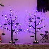 PEIDUO Halloween Decorations, 2FT Black Halloween Tree with 24 Purple Lights and 8 Bat Ornaments, Light up Halloween Decorations with Timer for Indoor Home Desk Table Decor (2PK)