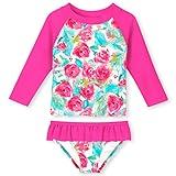 UNIFACO Girls 2-Piece Swimsuit Set Pink Floral Printed Long Sleeve Rash Guard Bathing Suit with UPF 50+ Sun Protection for Summer Water Park 4-5 Years