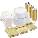 BESTVIP 350 PCS Gold Dinnerware Set for 50 Guests, Plastic Dinnerware Set for Party, Include: 50 Gold Dinner Plates，50 Dessert Plates, 50 Plastic Silverware Set, 50 Cups, 50 Paper Napkins