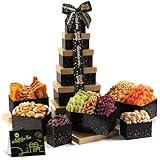 NUT CRAVINGS Gourmet Collection - Christmas Treats Tower Dried Fruit & Nuts Gift Basket with Happy Holiday Ribbon (12 Assortments) Food Arrangement, Healthy Snack Care Package, Kosher
