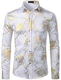 ZEROYAA Men's Nightclub Shiny Golden 3D Rose Flower Printed Slim Fit Button Down Party Dress Shirt ZZCL15 White X Large