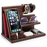 TESLYAR Wood Phone Docking Station - Nightstand Organizer - Desk Organizer for Husband - Birthday Gifts for Men, Dad - Idea for Anniversary from Wife - Key Holder - Stand Wallet & Watch (Deep Brown)