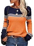 Danedvi Women Autumn Winter Colorblock Pullover Sweaters Round Neck Striped Slim Fitting Knitwear Tops Orange