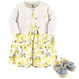 Hudson Baby Baby Girl Cotton Dress, Cardigan and Shoe Set, Lemon, 6-9 Months