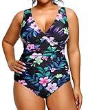 Aqua Eve Women Plus Size One Piece Swimsuits Tummy Control Bathing Suits V Neck Ruched Swimwear Floral 22W