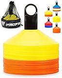 Pro Disc Cones (Set of 50) - Agility Soccer Cones with Carry Bag and Holder for Sports Training, Football, Basketball, Coaching, Practice Equipment, Kids - Includes 15 Drills Book (Orange and Yellow)