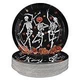 Grencian 50 PCS Halloween 2025 Party Supplies Dancing Pumpkin Skeleton Plates Pumpkin Skull Halloween Party Plates Disposable Tableware for Kids Spooky Ghost Decorations