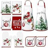 Geetery 10 Pcs Christmas Kitchen Towels Oven Mitt and Pot Holder Apron Set Christmas Tree Cotton Kitchen Set Mitten Gloves Potholders Aprons Towels for Kitchen Cooking (Red,Cardinal)