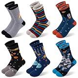 Comfoex Boys Kids Socks Novelty Funny Crew Socks Space Rocket Sport Stripe Cotton Calf Socks For Kids 4-10 Years Old 6 Pairs