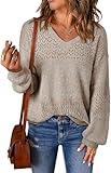 SHEWIN Womens Fall Fashion 2024 Crochet Sweaters Casual Lightweight Long Sleeve Hollow Out Sweater Tops V Neck Cable Knit Pullover Jumper Fall Outfits for Women, US 8-10(M), Brown