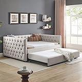 JEEOHEY Upholstered Daybed with Trundle, Modern Linen Fabric Full Size Button Tufted Daybed Frame Sofa Bed, No Box Spring Needed, Space Saving, Beige