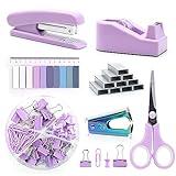 Purple Office Supplies Set, UPIHO Stapler and Tape Dispenser Set, Office Desk Accessories Kit with Stapler, Tape, Remover, Staples, Clips, Scissor and Tabs for Women, Clerks…