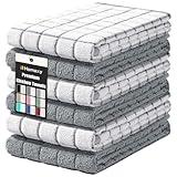Homaxy Premium Cotton Kitchen Towels 16"x 28", Large Natural Ring Spun 390 GSM Dish Towels, Super Absorbent Terry Kitchen Hand Towels, Soft Tea Towel with Hanging Loop, Grey Check Design, 6 Pack
