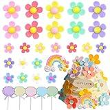 30PCS Non-Edible Flower Cake Decorations, Floral Cupcake Toppers Decor Colorful Flowers Rainbow Cake Decoration for Groovy Women Girls Fairy Birthday Party Wedding Baby Shower Supplies