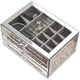 joyshiny Mirrored Jewelry Box for Women,Glass Lid Jewelry Organizer with 3 Drawers for Necklaces Rings Earrings Bracelets,Pink Crushed Diamond Home Decor(7.6" D x 10.5" W x 5.5" H)