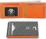 GSOIAX Mens Slim Wallet for Men Minimalist Genuine Leather Carbon Fiber Rfid Blocking Bifold Credit Card Holder With Gift Box (Carbon Black and Orange)