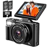 4K Digital Camera - Digital Cameras for Photography - 64MP Vlogging Camera for YouTube - Autofocus Video Camera 3" 180° Flip Screen with 18X Zoom - Compact Travel Cameras with 32GB SD Card 2 Batteries