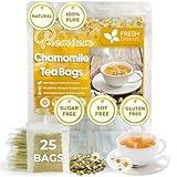 FRESHDRINKUS, Premium 25 Chamomile Tea Bags, 100% Natural and Pure Chamomile Flowers, Eco-conscious Tea Bags. Chamomile Flower Herbal Tea. No Sugar, No Caffeine, No Gluten, Vegan.