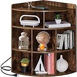 Vecelo Corner Cabinet with Charging Station, 3-Tier Cube Storage Organizer with USB Ports and Outlets, Triangle Bookcases with 8 Cubbies for Playroom, Bedroom, Living Room, Brown