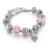 Capital Charms Pink Hearts Silver Plated Charm Bracelet Set, Jewelry Gifts with Beads, Charms, and Adjustable Snake Chain, Fits 7.5"+1.5"
