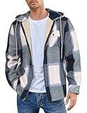 COOFANDY Men Flannel Fleece Hoodie Jacket Sherpa Lined Shirt Jacket Zip Up Plaid Jacket Hood For Cold Weather Blue