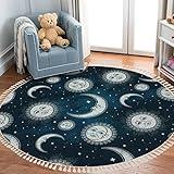 Round Rugs Celestial Bodies Moon Sun Stars Blue Night Sky Boho Chic Boho Area Rug Linen and Cotton Carpet Meditation Rug Washable Hallway Runner Mat Accent Rug for Bedroom Bathroom 3ft