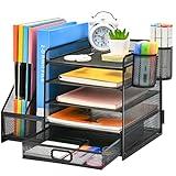 Marbrasse Desk Organizer with File Holder, 5-Tier Paper Letter Tray Organizer with Drawer and 2 Pen Holder, Mesh Desktop Organizer and Storage with Magazine Holder for Office Supplies(Black)