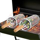 2PCS Stainless Steel Rolling Grill Baskets for Outdoor BBQ | Heavy-Duty Grilling Basket with Locking Handle | Round Grill Accessories for Fish, Meat, Vegetables | BBQ Gifts for Men & Grill Enthusiasts